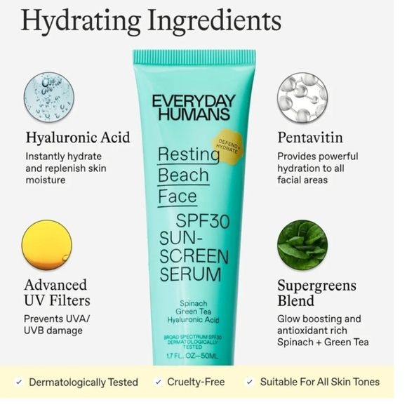 🩷 3/$15 Everyday Humans Resting Beach Face SPF30 Sunscreen Serum .5oz. NIB - Picture 4 of 8